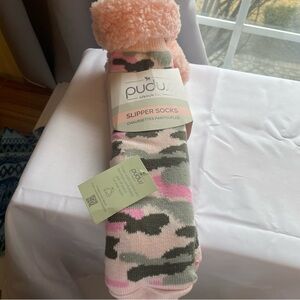 Pudus Slipper Socks Pink Gray Camo Womens 5-11 Men 6-10